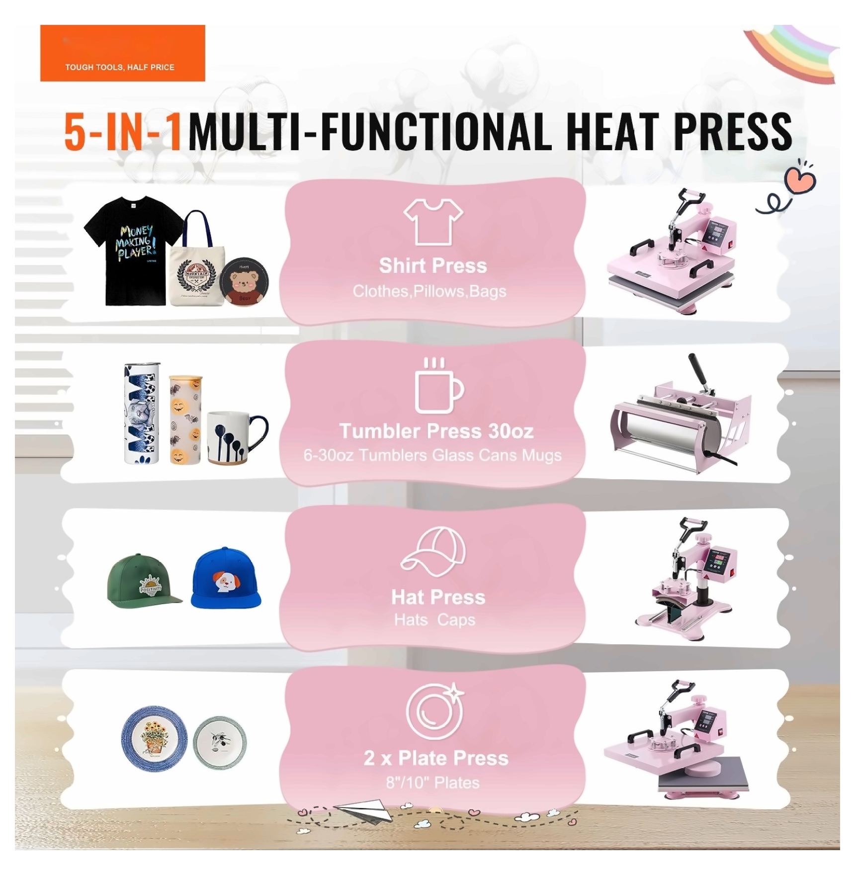 Heat Press Machine 15x15", 5 in 1, 30oz Tumbler Press for T-Shirts, Pink