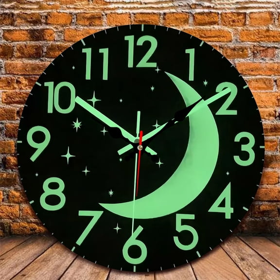 12 Inch Wall Clock, Glowinthedark clock Wooden Round Wall Clocks with Silent Non-Ticking Quartz Movement, Battery Operated, Art Decor Hanging Clock for Kitchen, Bathroom, Bedroom, Living Room
