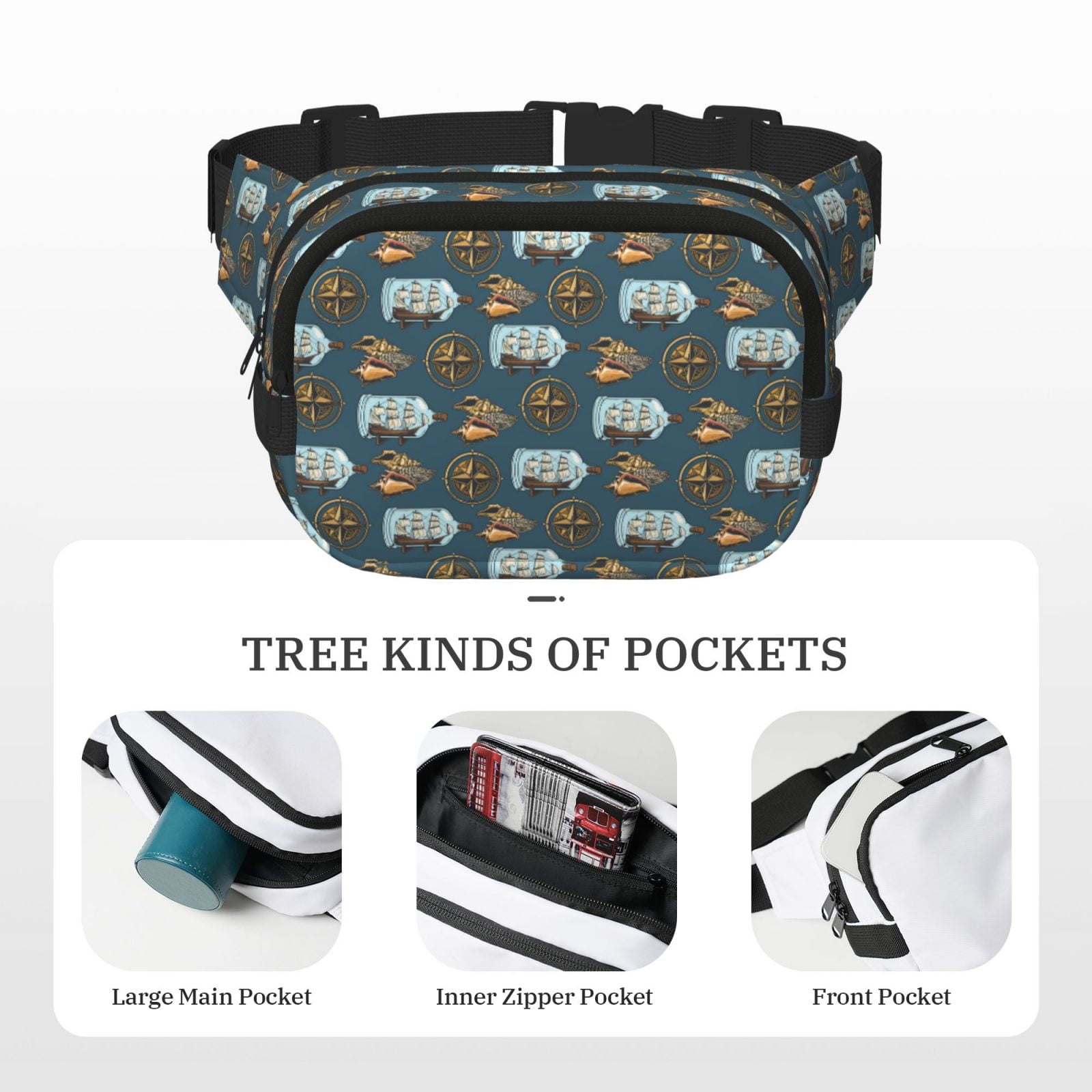 Picia Miniature Ship In Bottle Print Square Double-Layer Waist Bag Mini Adjustable Waist Belt Bag Exercise Running Travel Hiking