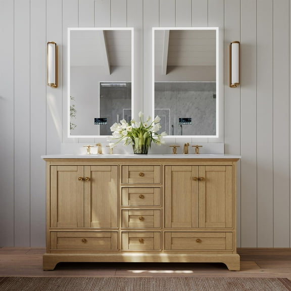 Audrey 60 in. Bath Vanity Set in Oak with White Quartz Top and Undermount Basin