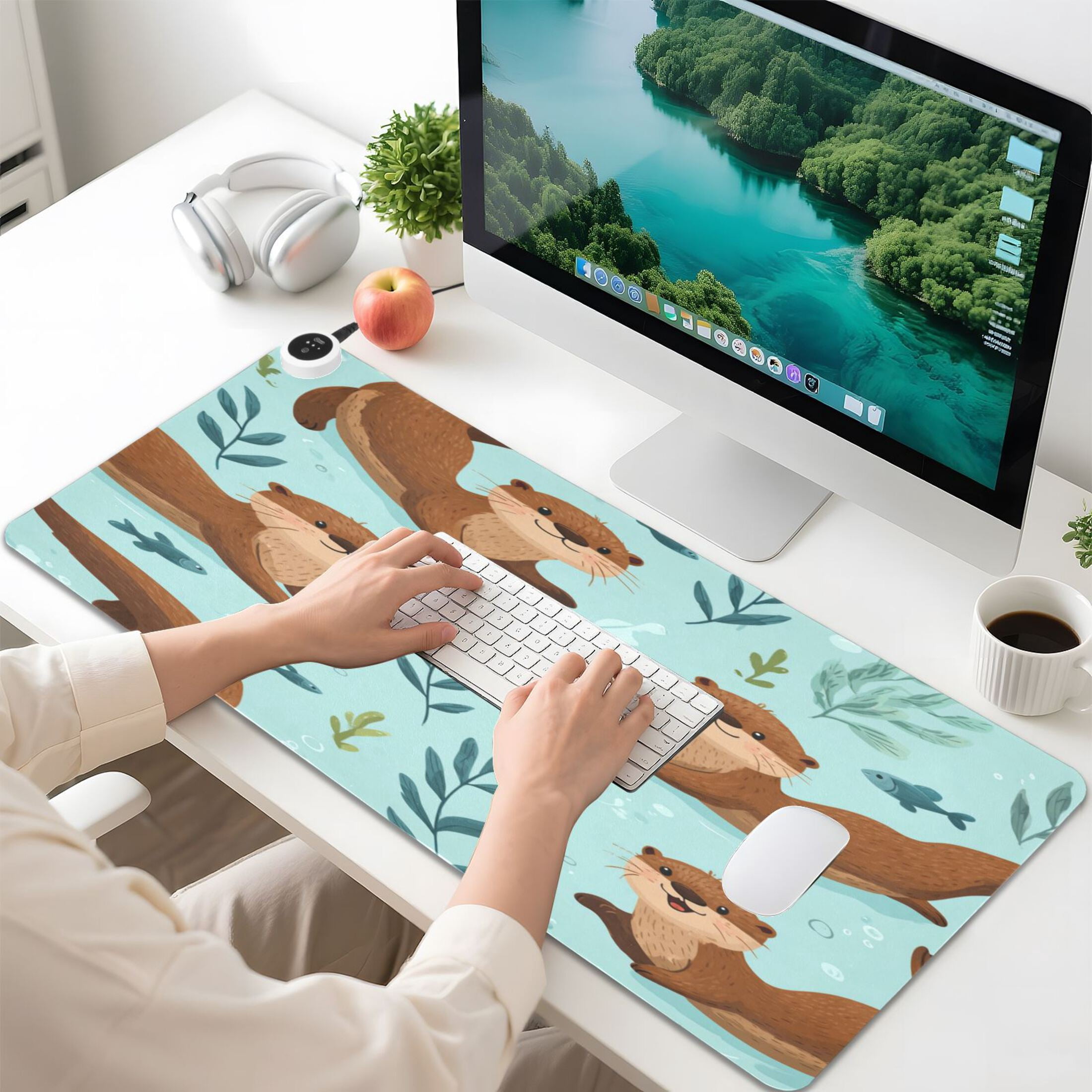 Large Heated Desk Mat Mouse Pad 31.5"x13"PU Leather Graphene Heating Desk Warmer with 3 Temperature Settings 110V US Plug Non-Slip Warm Pad for Home, Office, and Gaming Happy Otter Underwater Art