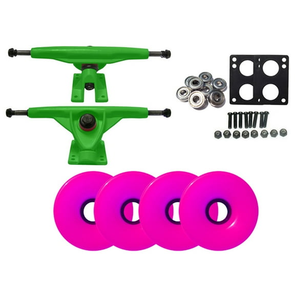 180mm GREEN LONGBOARD TRUCKS   76MM PINK WHEELS   ABEC 7 BEARINGS PACKAGE