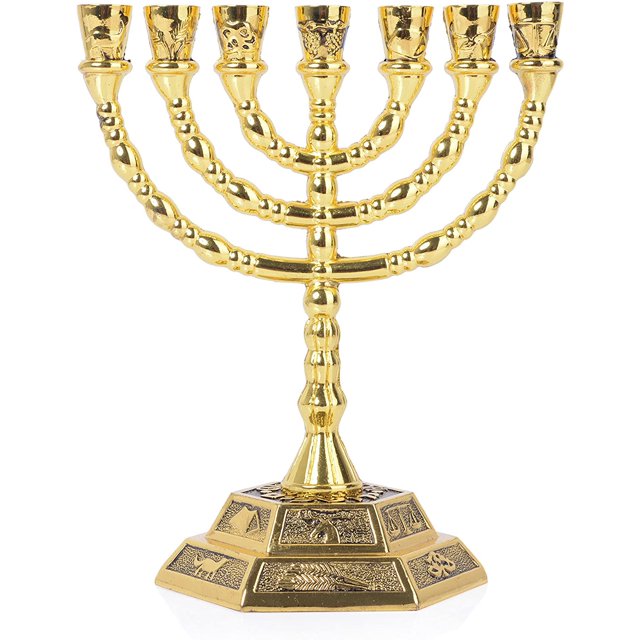 Menorah de 7 brazos, Candelabro judío, 12 tribus de Israel, Alto 20,3 cm Ancho 16,3 cm, Dorado