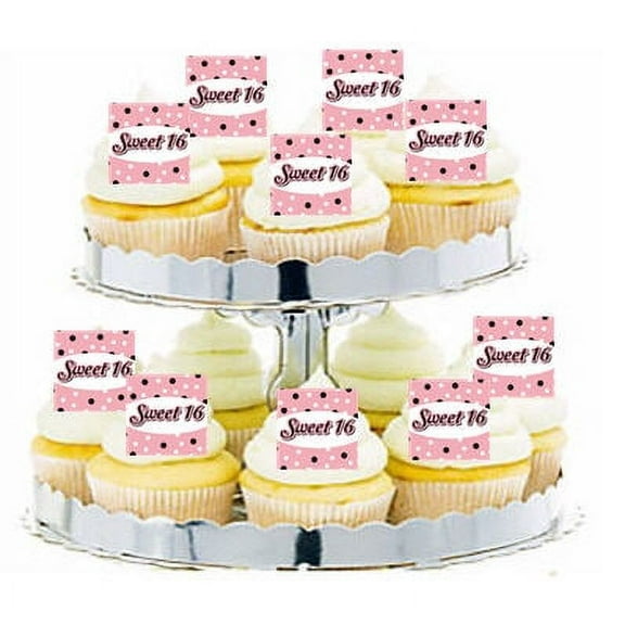 24pk Sweet 16 Peach Pink Edible Cupcake Decoration Toppers / Picks