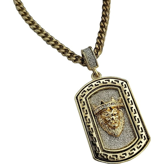 HIP HOP 14K GOLD PLATED KING LION HEAD DOG TAG CHARM BLING CUBIC ZIRCONIA PENDANT & 4mm 24" BRASS CUBAN CHAIN NECKLACE GIFT