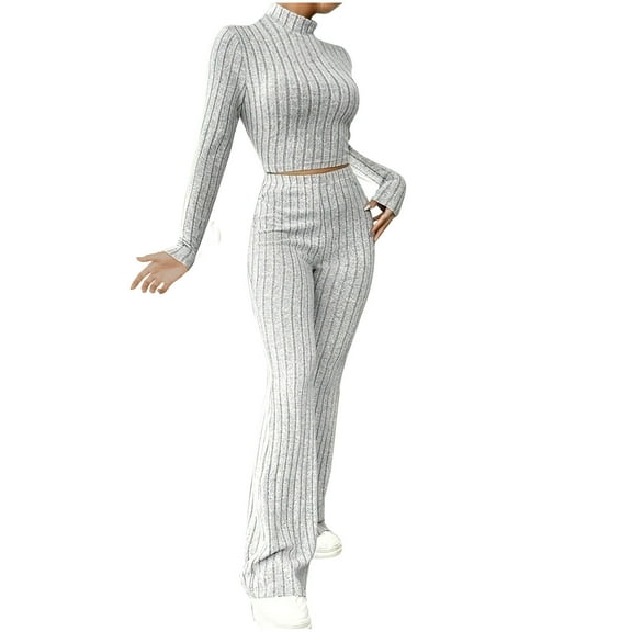 Lenpel Lounge Sets for Women 2 Piece Ribbed Knit Long Sleeve Mock Neck Pullover Tops Flare Leggings Fall Winter Outfits