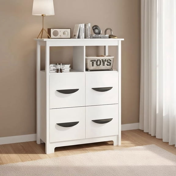 Resenkos 24 Inch Floor Storage Cabinet, Freestanding Organizer with 2 Open Compartments 2 Drawers, Storage Cabinet with Anti-Tipping Kit Moisture Proof for Home, Living Room, White