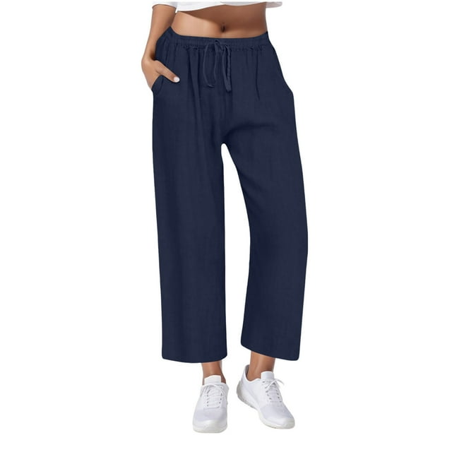 Timegard Cotton Linen Pants for Women Elastic Waisted Drawstring Solid Color Casual Loose Pants with Pockets