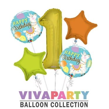 Happy Birthday Llama Round Balloon Bouquet 5 pc, 1st Birthday, Gold Number 1 Jumbo Balloon | Viva Party Balloon Collection
