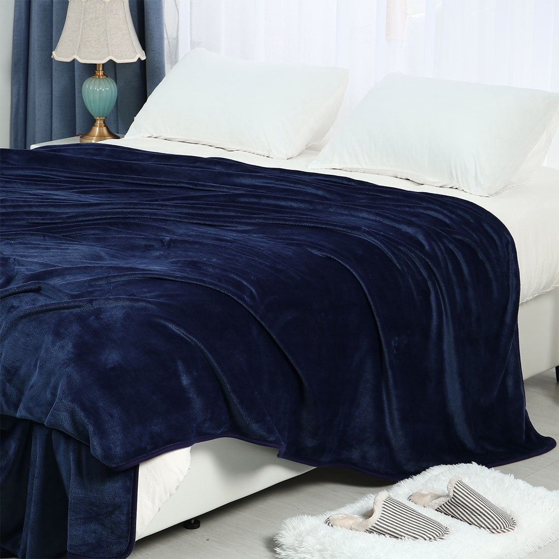 Unique Bargains Flannel Fleece Blanket Soft Luxury Hemmed Navy Blue Twin