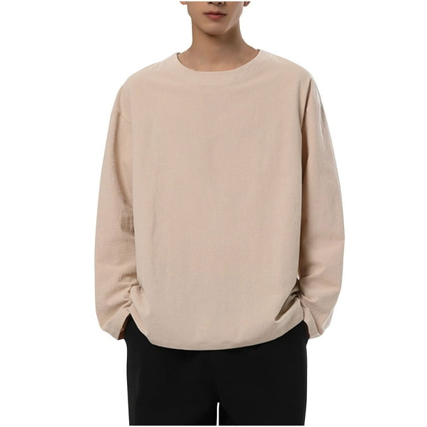 pstuiky hombres de manga larga, Blusa informal de color liso con cuello redondo y manga larga para hombre camisetas de hombre xxl