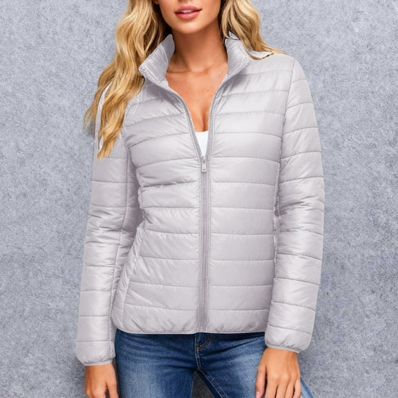 Women's Quilted Padded Jacket - Lightweight Winter Warm Quilted Stand Collar Coat with Pockets Gray XS