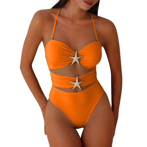 Guluxicc Women's Halter Neck One Piece Swimsuit Starfish Decor Cut Out Solid Color Push-Up Padded Bathing Suit Holiday Beach Swimwear