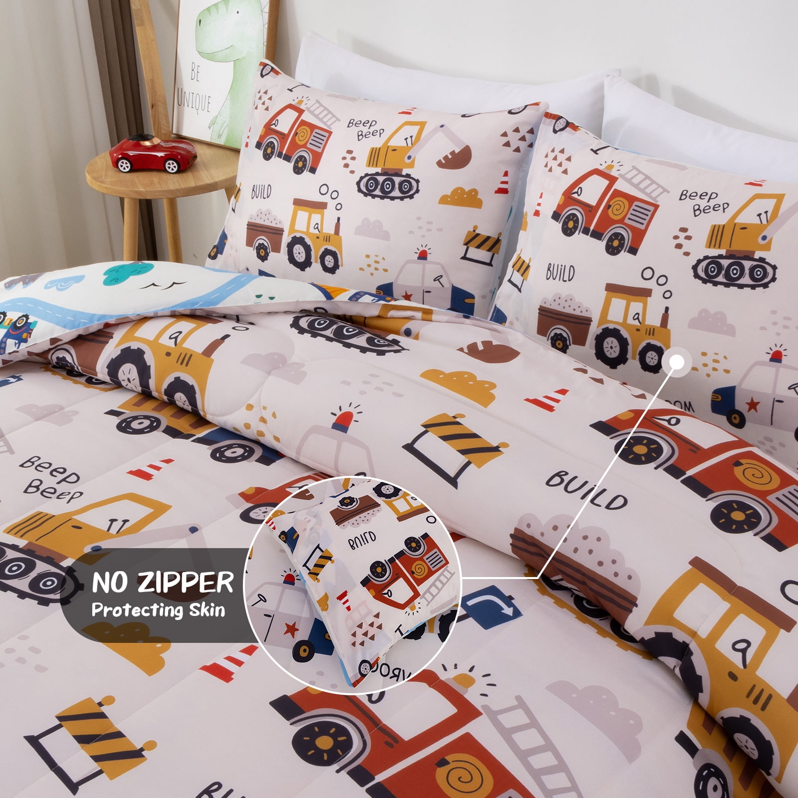 Btargot 3 Piece Bus Truck Twin Comforter Set for Boys Kids Vehicles Excavator Police Car Bedding Set