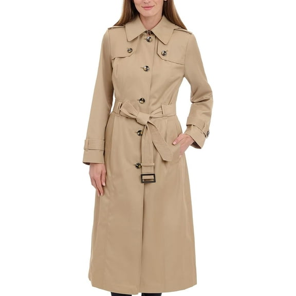 LONDON FOG Women's Single Breasted Long Trench Coat with Epaulettes and Belt, BR Khaki, Large