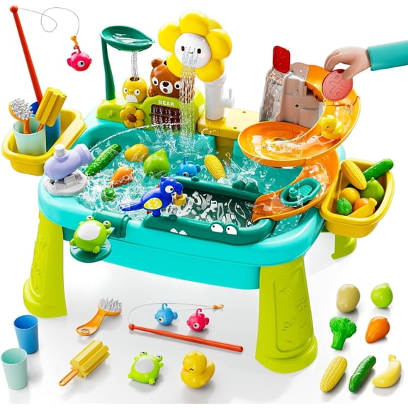 JoyStone 4-in-1 Toddler Sand Water Table with Electric Pump, 23.22” Kids Kitchen Sink Water Table with Fishing Toys & Play Food, Outdoor Play Table for Boys Girls Age 3