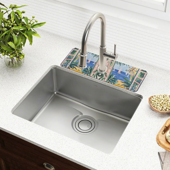 Yayeee Faucet Mat for Kitchen Sink 14.7" Diatomite Long Splash Guard Pad, Seaside Leaves