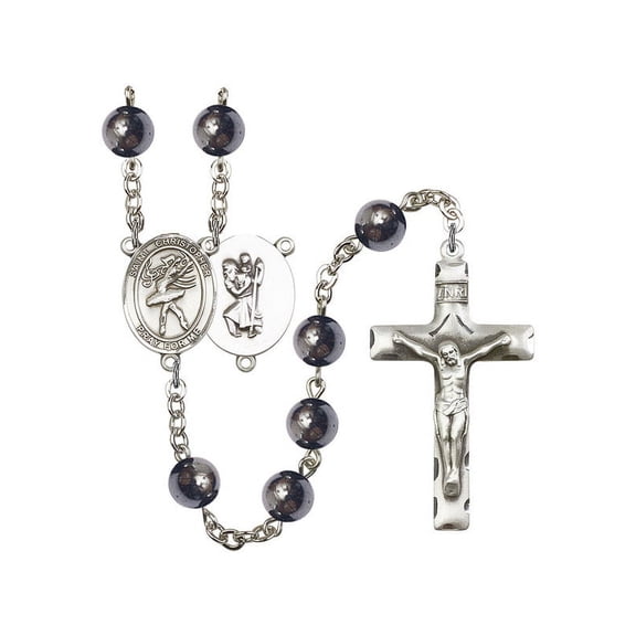 St. Christopher / Dance Silver-Plated Rosary 8mm Hematite Beads Crucifix Size 1 3/4 x 1 medal charm