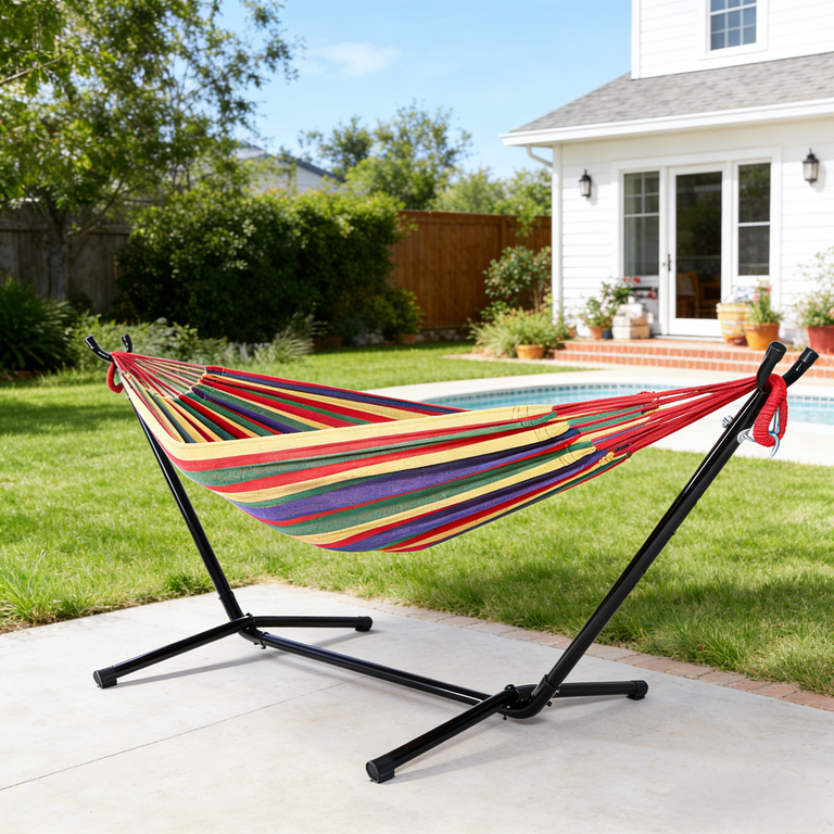 Ktaxon 9ft Yard Hammock Set, Patio Frame with Red & Yellow Striped