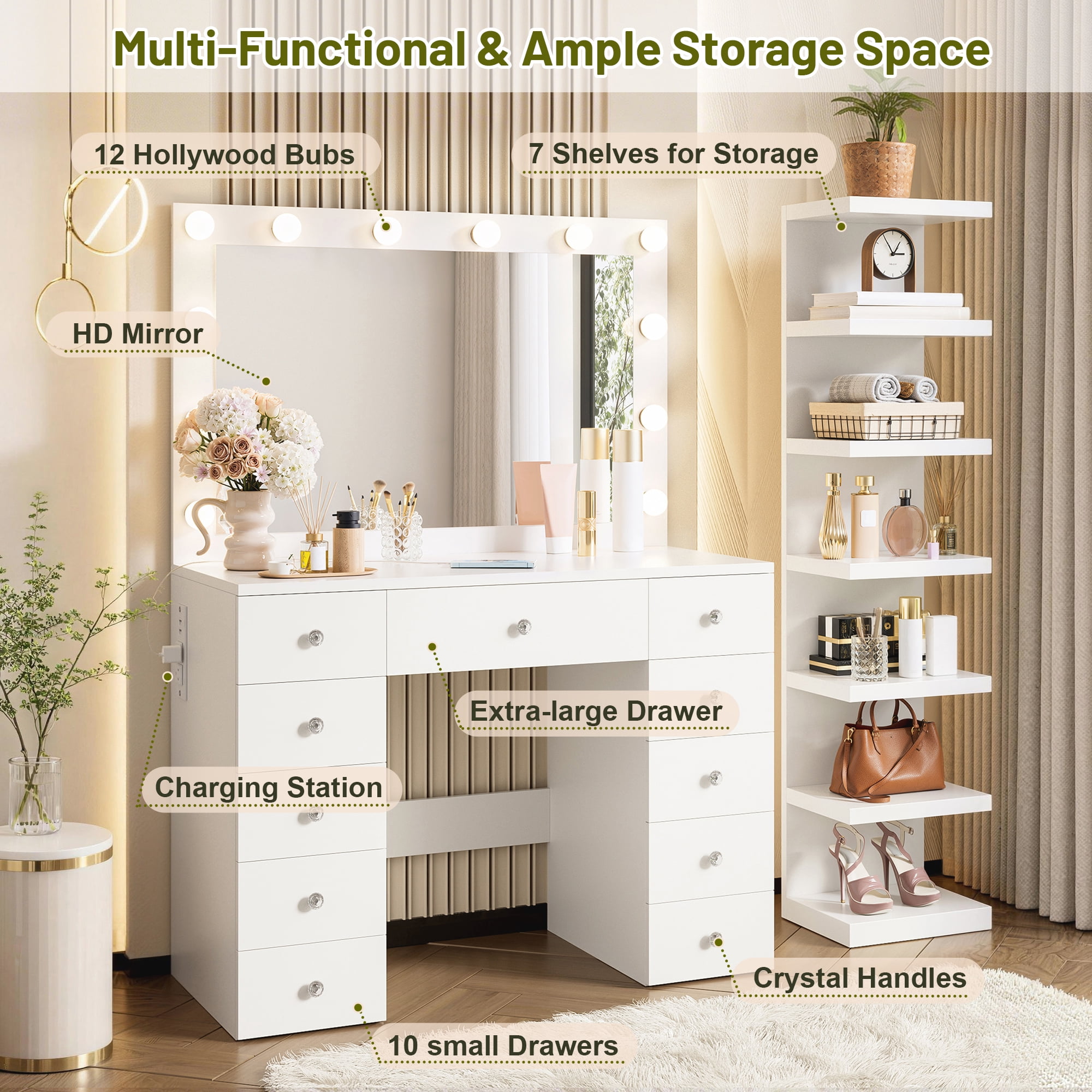 Mintazer 43.3" Vanity Desk with Hollywood Mirror & 7-Tier Shelf, Makeup Vanity Table with 11 Drawers & Charging Station, White