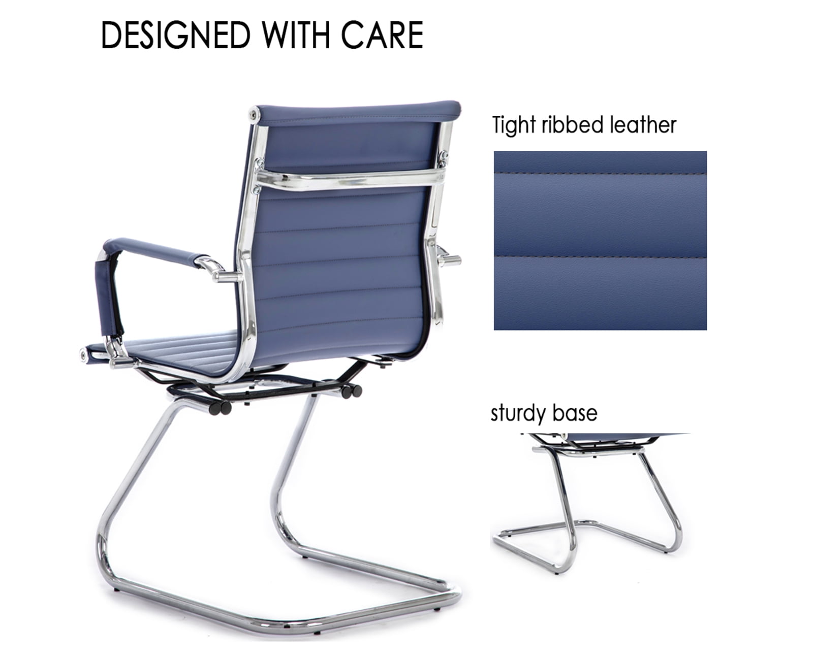 Guyou Modern Mid Back Office Guest Chair Set of 2, Faux Leather Reception Chair Computer Chair with Armrests and Metal Sled Base for Meeting/Waiting/Conference Room, No Wheels, Blue