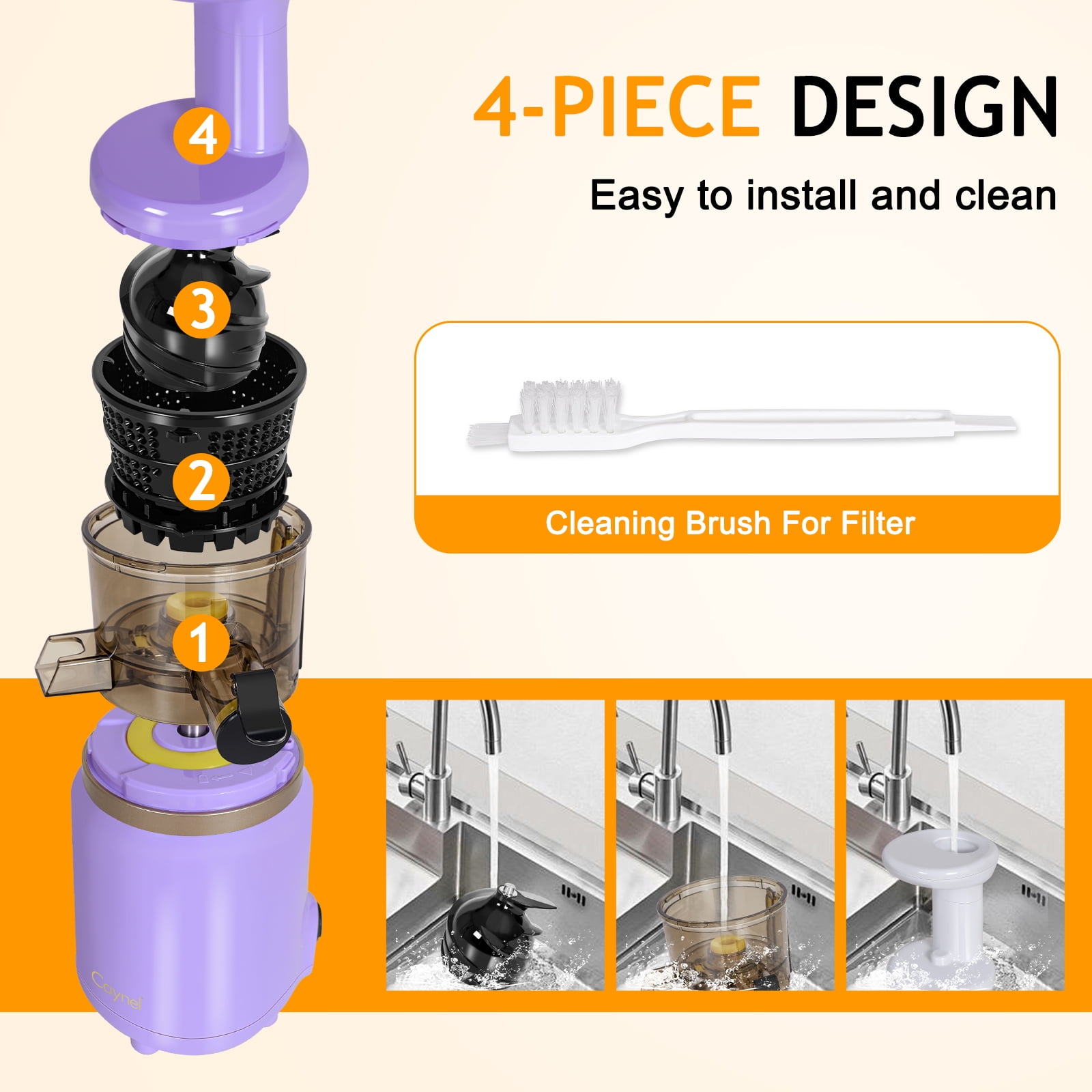 CAYNEL Masticating Slow Juicer Compact and Portable Cold Press Juice with 1.77” Extra Wide Inlet Funnel,Violet
