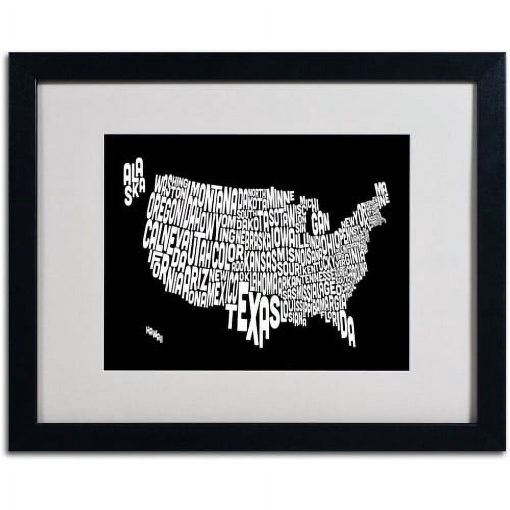 Trademark Fine Art "BLACK-USA States Text Map" Matted Framed by Michael Tompsett