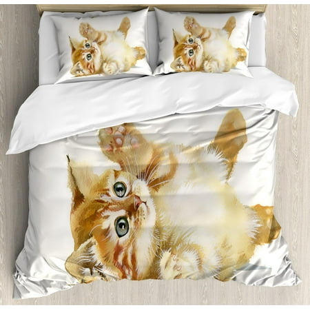 Animal Duvet Cover Set, Cute Cat Playing with Feather in Watercolors Hand Drawn Illustration Art, Decorative Bedding Set with Pillow Shams, Apricot Cream White, by