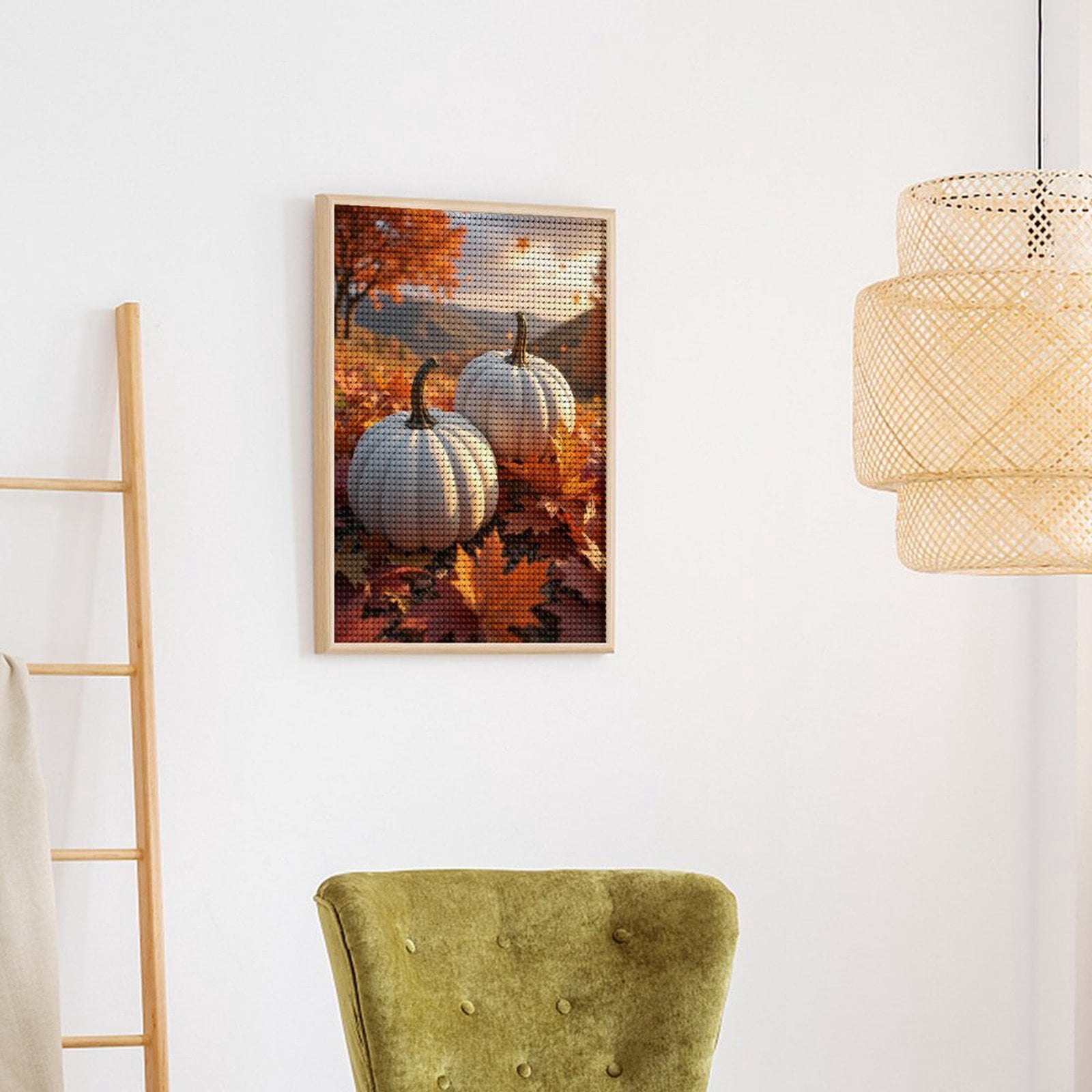 Diamond Art Kits for Adults, White Pumpkins Autumn Leaves Landscape 5D Diamond Painting Kits for Adults Beginners, DIY Full Drill Diamond Painting, Gem Art and Crafts 12x16