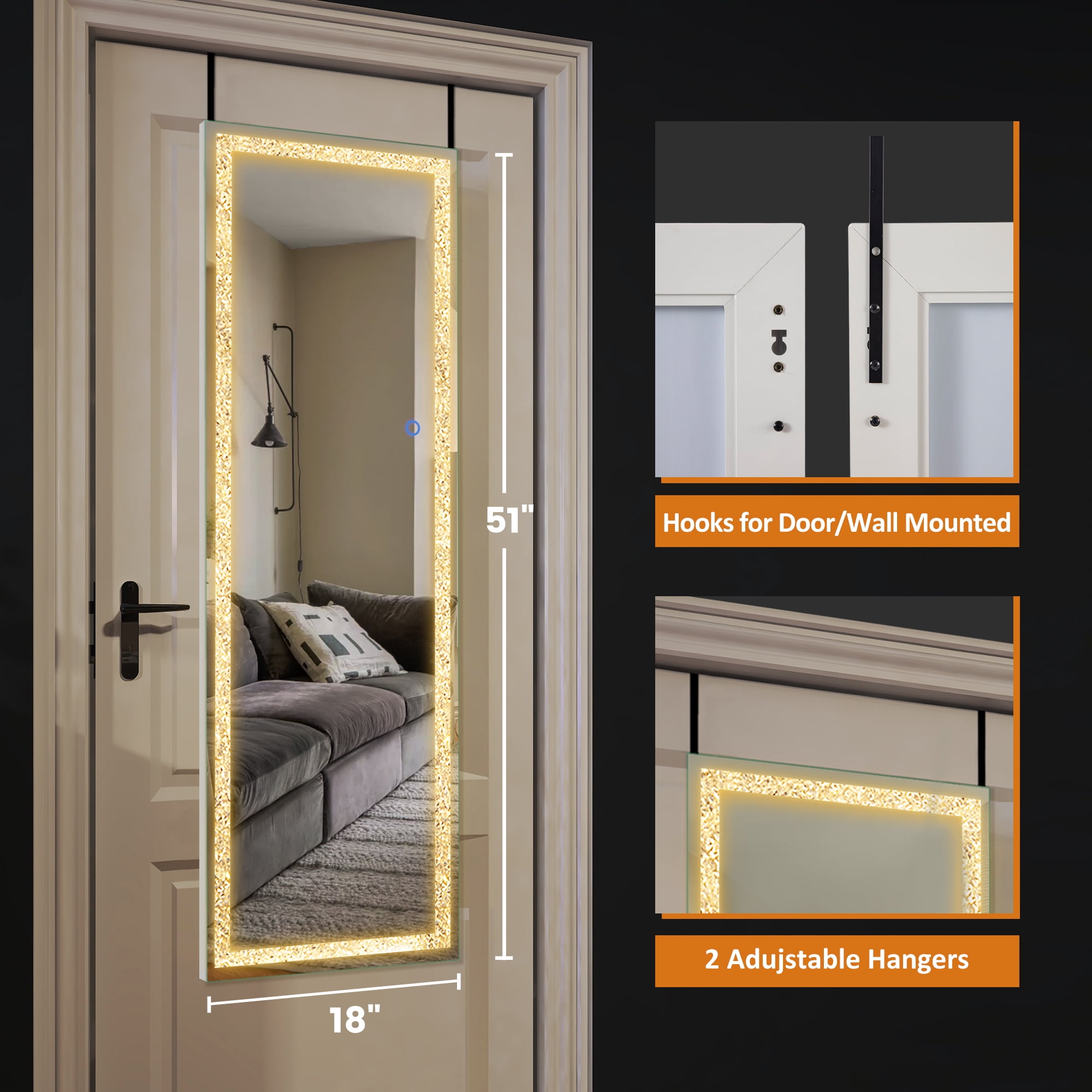 51"x18" Rectangle Hanging LED Mirror Door Mirror Vanity Mirror with Diamond for Bedroom,Silver