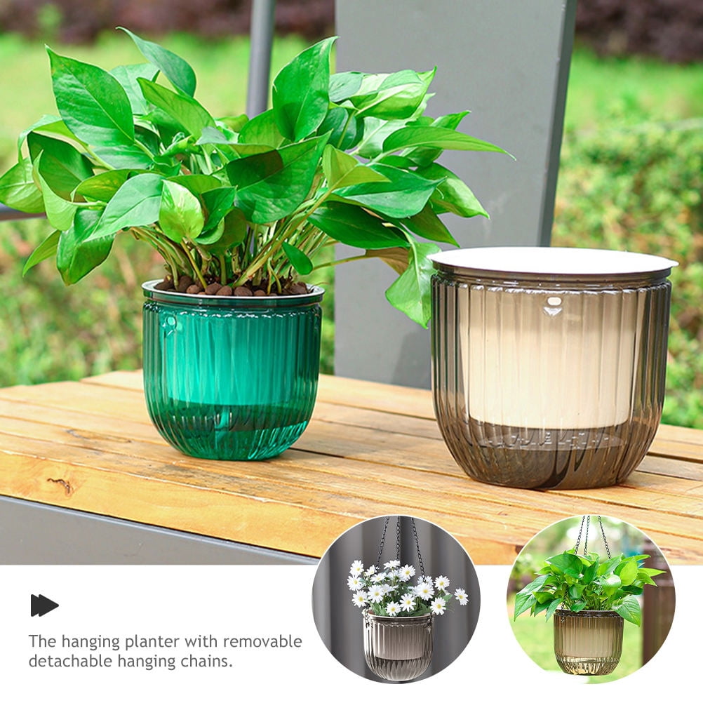 OUNONA Set of 3 Grey Resin Hanging Flower Pots with Self Watering for Balcony and Garden Decoration