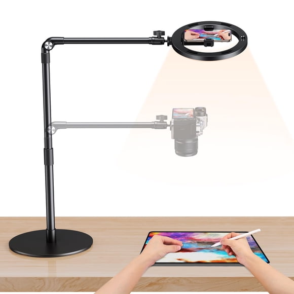 elitehood Support de Téléphone avec Lumière pour Enregistrement Vidéo, Anneau de Bureau Réglable avec Support et Porte-Téléphone, Support de Caméra Robuste