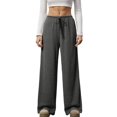 thumbnail image 2 of Women'S Wide Leg Ribbed Knit Pants Drawstring Waist Low Rise Casual Long Trousers Gray XL, 2 of 9