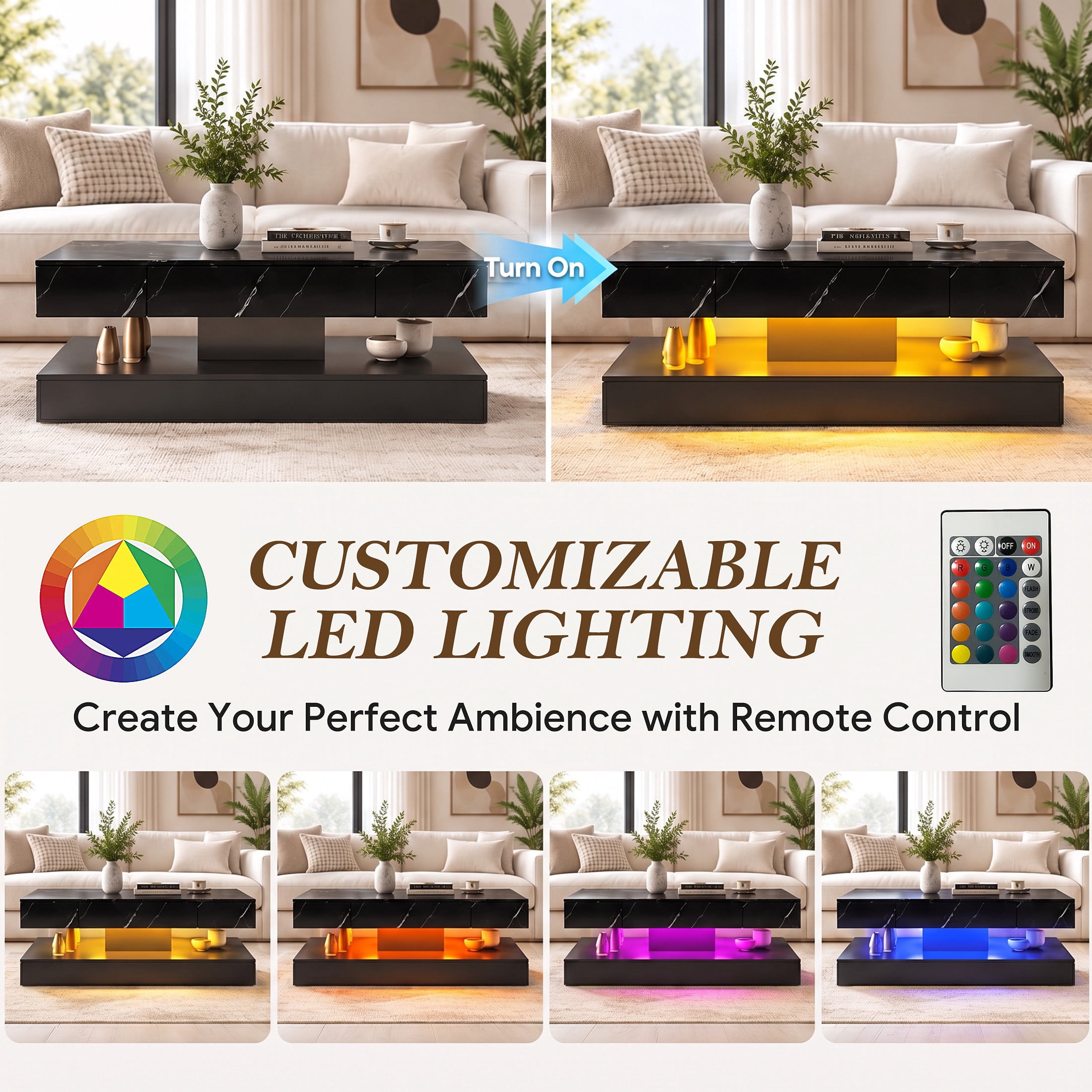 UHOMEPRO Black LED Coffee Table, Modern High Gloss Bangladesh | Ubuy
