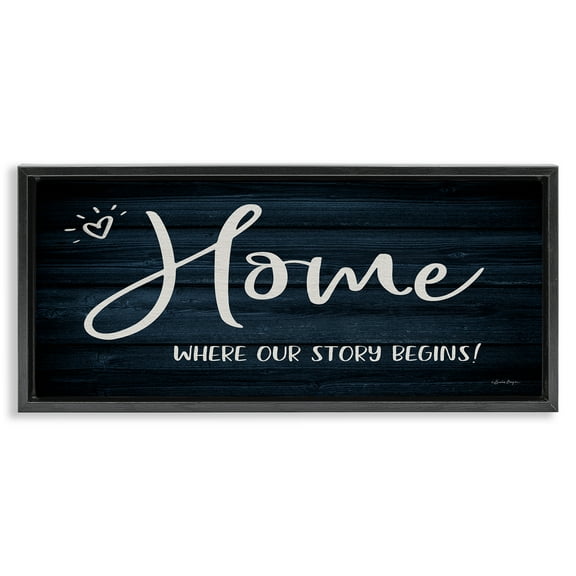 Stupell Industries Where Our Story Begins Typography Painting Black Floater Framed Art Print Wall Art, 25 x 11