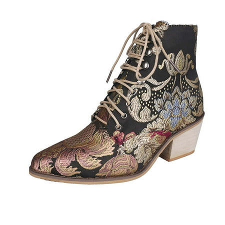 

Womens Ankle Boots & Booties Ladies Vintage Ethnic Embroidery Chunky Heel Pointed Toe Lace up Ankle Combat Booties