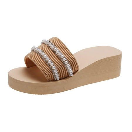 

House Slippers For Women Ladies Fashion Solid Color Pearl Rhinestone Platform Wedge Heel Open Toe Slippers