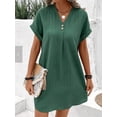 thumbnail image 5 of Summer Dresses for Women 2025 Casual Button V Neck Short Sleeve Tunics A Line Ribbed Mini T Shirt Dress Green L, 5 of 7