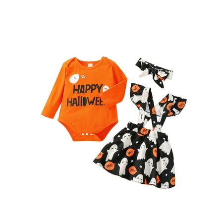 

Gureui 3Pcs Toddler Halloween Outfits Letters Long Sleeves Romper + Cartoon Suspenders Skirt + Hairband for Baby Girls