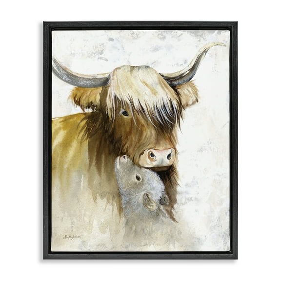 Stupell Industries Neutral Longhorn & Calf Animals & Insects Painting Black Floater Framed Canvas Art Print Wall Art, 17 x 21