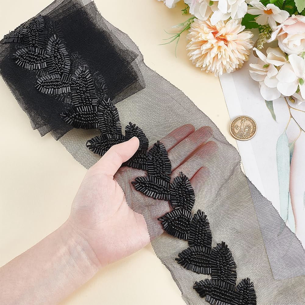 2 Yards Beaded Lace Trim Black Beaded Leaf Applique Ribbon 40mm Lace Mesh Ribbon Glass Bead Trim for Clothing Sewing Crafts Curtain Dance Skirt Decoration Accessories Black