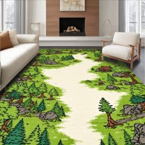 Flatwoven High Traffic Area Rug, Cheerful Woodland Creatures Illustration, Non Slip, Stain Resistant, Washable Area Rugs for Living Room, Bedroom(Green, 4X6)