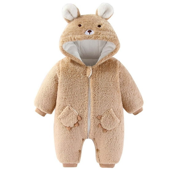 Atogsazn Newborn Baby Boys Girls Winter Snowsuits Fleece Plush Zip Up Long Sleeve Hooded Jumpsuits Outerwear 01-Khaki 6-9 Months