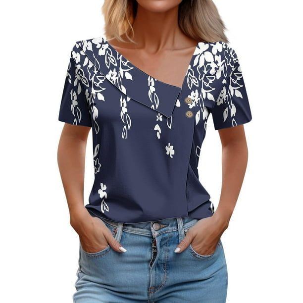 Fiudx Camisetas para Mujer Camiseta de Manga Corta con Estampado de Primavera/Verano para Mujer, Camiseta Informal con Botones Estampados