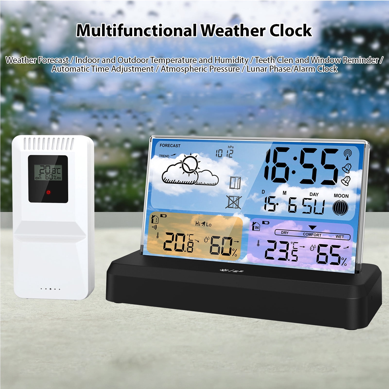 Cacagoo Weather Station Wireless Indoor Outdoor Thermometer, Color Display Digital Weather Thermometer with Atomic Clock, Barometric Pressure, Forecast Station with Adjustable Backlight