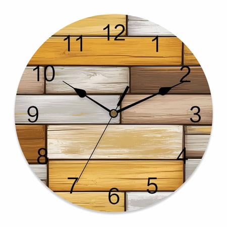 Wall Clock Yellow Wood Grain Clocks PVC Silent Non-Ticking Battery Operated Decorative Brown Rustic Vintage Wooden Round Clock for Home Living Room Kitchen Bedroom Office School Wall Decor 10 Inch