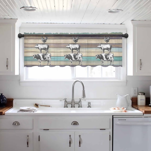 Farmhouse Animals Valance Curtains for Kitchen/Living Room/Bathroom/Bedroom Window, Vintage Wood Country Cow Pig Chicken Rod Pocket Small Topper Half Short Window Curtains Voile Sheer Scarf 42"x12"