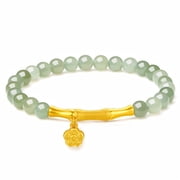 ZHOU LIU FU 24K Gold Green Nephrite Jade Bead Stretch Bracelet Bamboo & Plum Blossom Charm for Women Men 17cm/6.7''