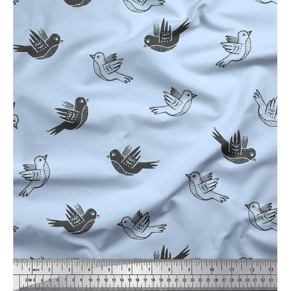 Soimoi Blue Poly Georgette Fabric Flying Bird Artistic Print Sewing Fabric Yard 42 Inch Wide
