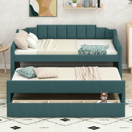 BARONAGE Twin Size Upholstered Daybed, Daybed with Three Drawers and Trundle, Green